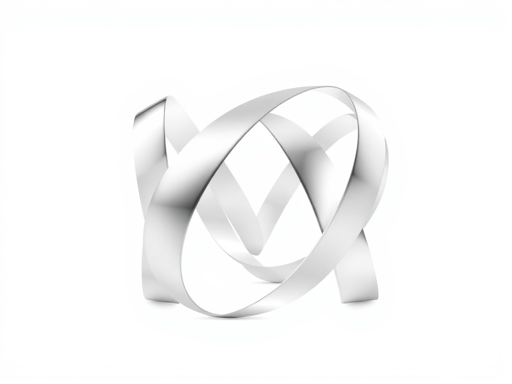 Minimalist 3D render of a stylized 'M' formed by interlocking motion blur ribbons, metallic silver finish, isolated on pure white background. Photorealistic, 8k, commercial product photography.